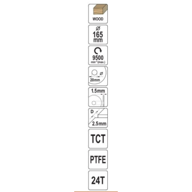 TCT pjovimo diskas medienai 165 mm. 24 dantukai, 20 mm. su PTFE danga 1 TCT pjovimo diskas medienai 165 mm. 24 dantukai, 20 mm. su PTFE danga 1