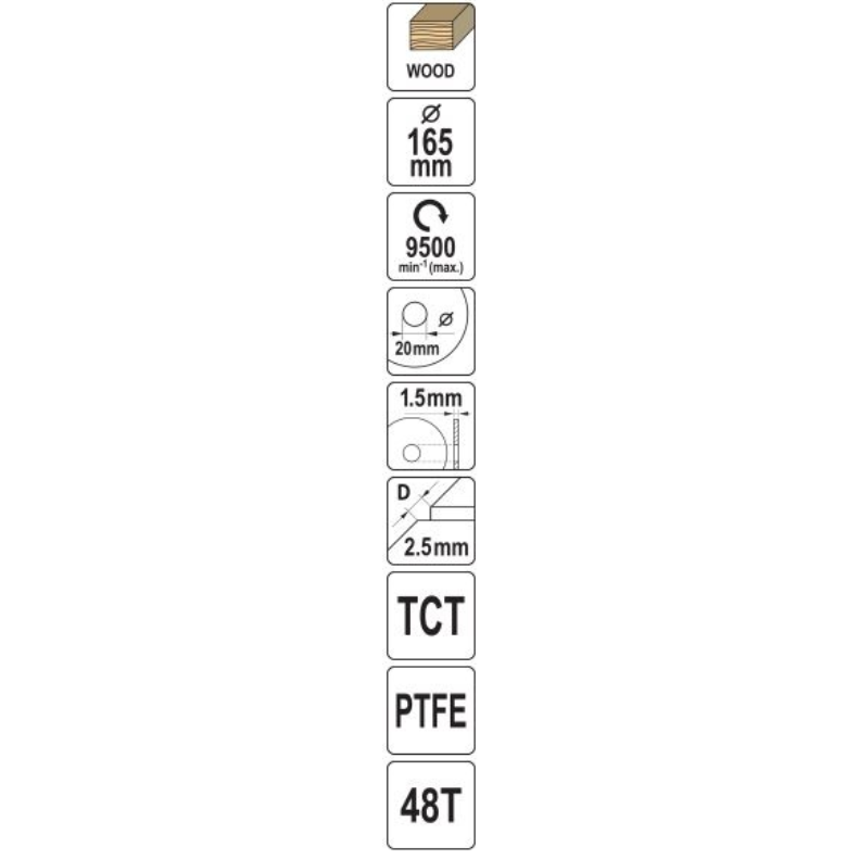 TCT pjovimo diskas medienai 165 mm. 48 dantukai 20 mm. su PTFE danga 1 TCT pjovimo diskas medienai 165 mm. 48 dantukai 20 mm. su PTFE danga 1