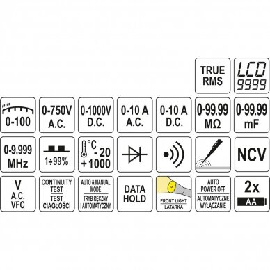 Universalus matuoklis su TRUE RMS funkcija automatinis ir rankinis matavimas LCD 9999 5