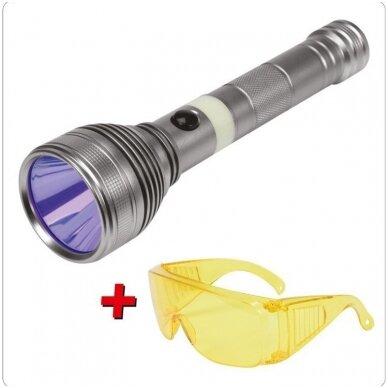 UV žibintuvėlis akumuliatorinis LI-ION 3.7V 1500 mAh + akiniai